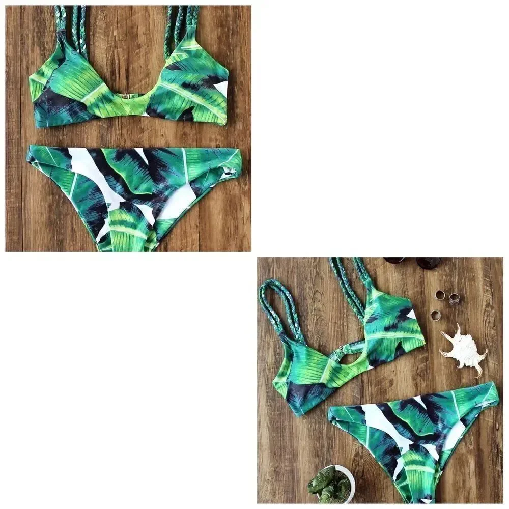 ✨3xHP✨Green Tropic Print Braided Strap Bikini Set✨